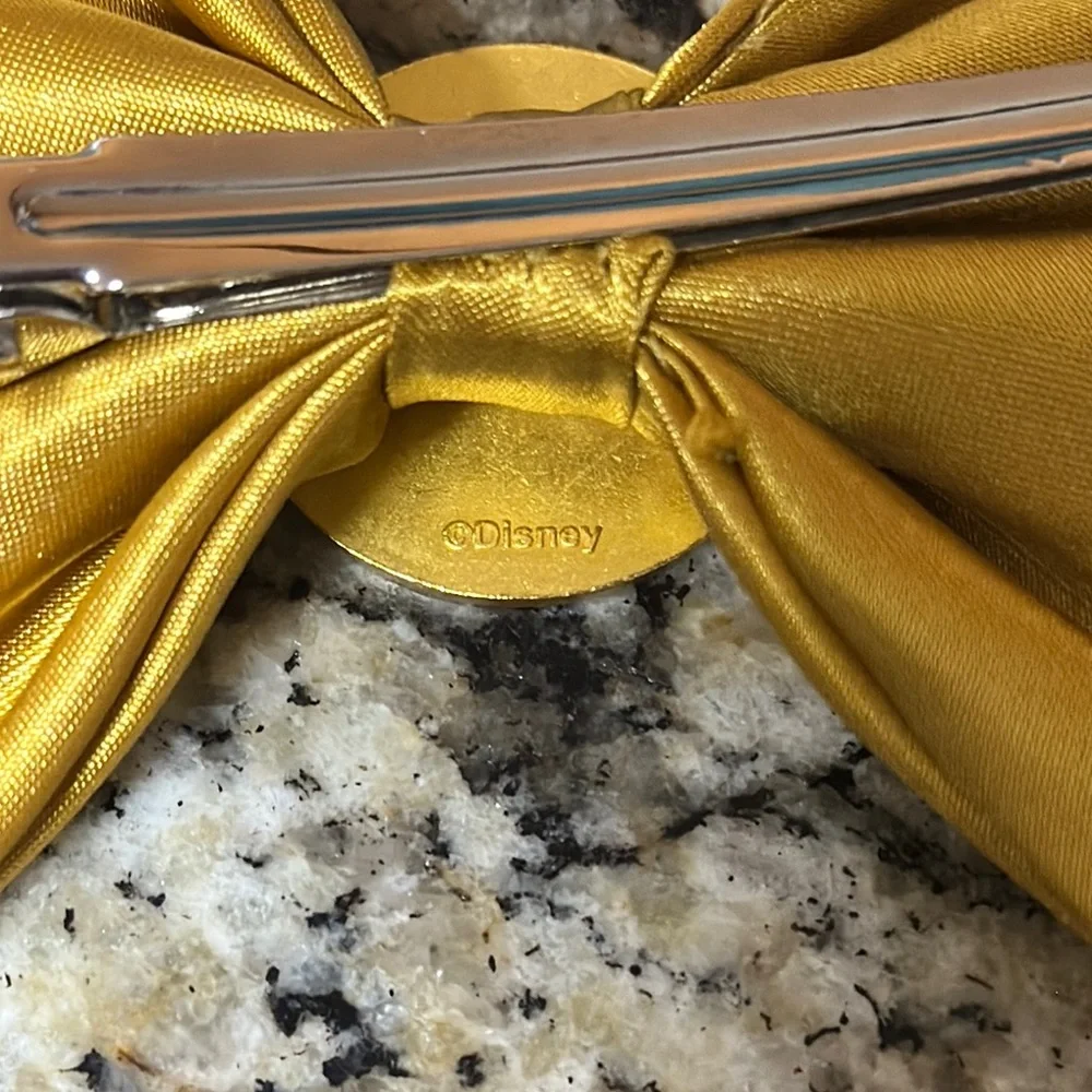 Disney World Gold Satin Hair Bow with Minnie Character Emblem 50th Anniversary 🎀